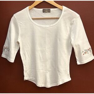 90s E.N.U.F. Scoop Neck Top Cottagecore Indie Floral Embroidered White Tee